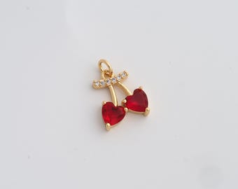 1 stuks Gold Cherry Charms, 18 kt gold filled fruithanger, fruitbedels voor het maken van sieraden, 19 x 13 x 4 mm