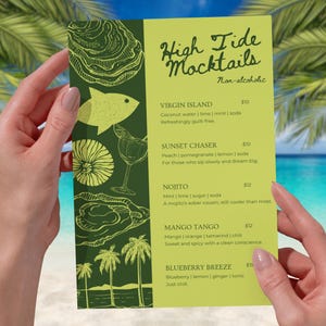 Plantilla imprimible de menú de cócteles para bar de playa, editable en Canva (A4 y A5), menú de bebidas tropicales en verde y amarillo para bar, restaurante o evento.