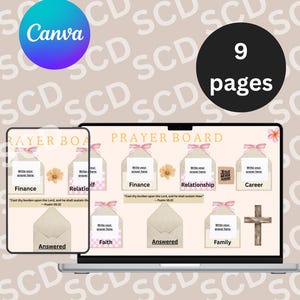 Può includere: Download del tabellone di preghiera digitale visualizzato su tablet e laptop. Il design include un logo Canva, il testo "9 pagine" e sezioni per finanze, relazioni, carriera e famiglia. Ogni sezione ha spazio per scrivere preghiere.