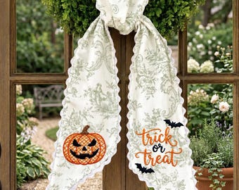 Embroidered Pumpkin Wreath Sash, Custom Monogram Fall Door Bows, Rustic Cotton Autumn Decor