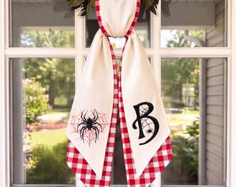 Spooky Spider Halloween Sash – Custom Monogram Door Hanger, Gingham Border Embroidery