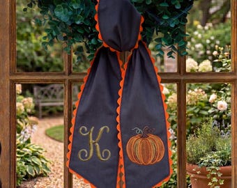 Monogram Pumpkin Wreath Sash, Embroidered Fall Door Decor, Personalized Autumn Tie