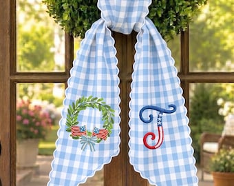 Personalized Patriotic Wreath Sash, Americana Monogram Door Bow, Embroidered Flag Wreath Front Door Decor, Fourth of July Ribbon