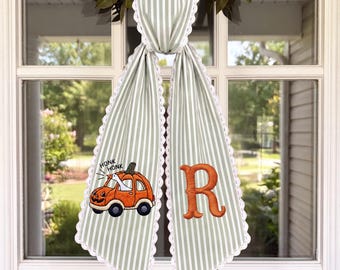 Personalized Halloween Ghost Wreath Sash – Orange Gingham Monogram Door Decor