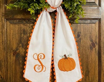 Personalized Embroidered Pumpkin Chair Sashes, Custom Monogram Fall Wedding Bows, Rustic Cotton Chair Decor
