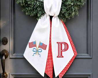 Fourth of July Door Decor, Patriotic Monogram Door Hanger, American Flag Front Door Bow, Red White Blue Porch Decoration