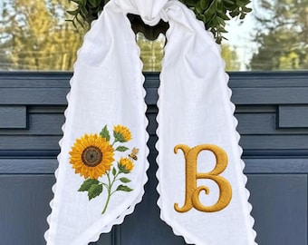 Embroidered Sunflower Monogram Wreath Sash, Custom Door Bow, Cotton Fabric Decor