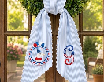 Patriotic Goose Embroidered Wreath Sash, Personalized Americana Door Bow, Fourth of July Farmhouse Front Door Decor