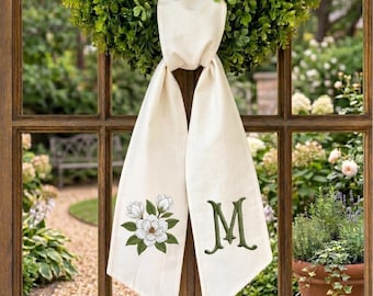 Embroidered Monogram Wreath Sash, Floral Magnolia Door Decor, Cotton Linen Ribbon Bow