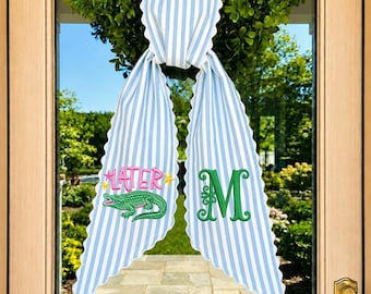 Custom Alligator Door Bow, Personalized Wreath Sash, Embroidered Green Stripe Bow, Summer Front Door Decor, Preppy Home Accent