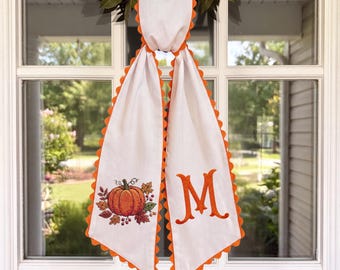 Embroidered Pumpkin Wreath Sash – Personalized Monogram, Orange Scalloped Trim, Cotton Door Decor
