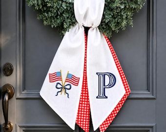 Americana Front Door Decoration, 4th of July Door Sash, Custom Initial Patriotic Bow, Farmhouse Summer Door Decor
