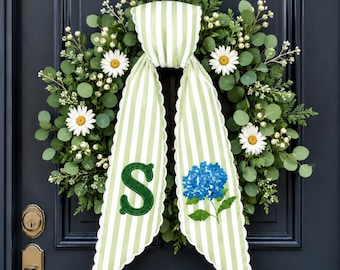 Personalized Green Stripe Wreath Sash with Hydrangea Embroidery, Spring Summer Door Decor