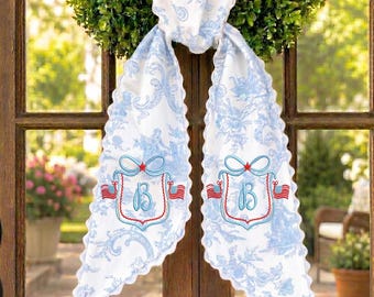 Personalized Patriotic Wreath Sash, Embroidered Monogram Door Bow, Red White Blue Front Door Decor, Americana Summer Ribbon Decor
