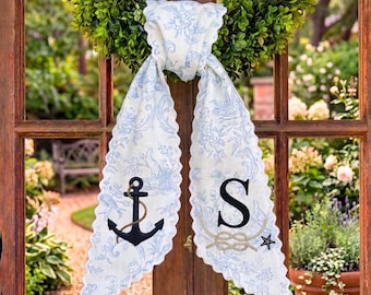 Personalized Blue Toile Wreath Sash, Monogram Anchor Door Bow, Coastal Nautical Decor