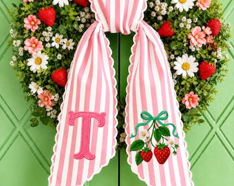Personalized Strawberry Wreath Sash, Pink Striped Monogram Door Decor, Summer Floral Front Door Bow