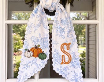 Custom Monogram Fall Door Sash – Blue Toile Pumpkin Embroidery, Scalloped Trim