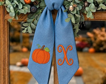 Blue Pumpkin Door Bow, Personalized Fall Wreath Sash, Halloween Decor