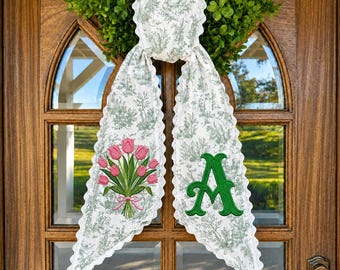 Personalized Tulip Wreath Sash, Custom Monogram Door Bow, Embroidered Floral Front Door Decor, Scalloped Spring Porch Decoration