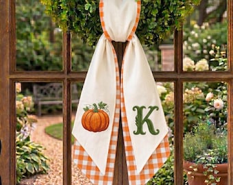Personalized Autumn Wreath Sash, Embroidered Pumpkin, Gingham Door Hanger