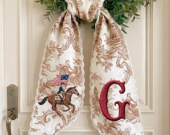 Custom Monogram Toile Wreath Sash – Patriotic Equestrian Embroidery Door Bow