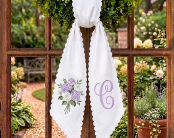 Personalized Purple Floral Sash, Monogrammed Wreath Bow, Elegant Cotton Ribbon Décor