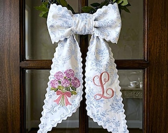 Personalized Blue Toile Bow Door Hanger Pink Hydrangea Monogram Elegant Front Door Decor