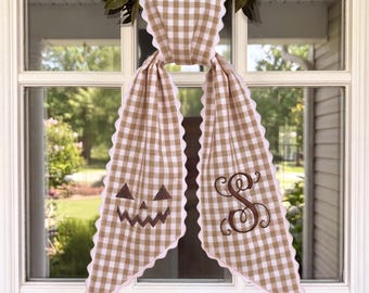 Custom Monogram Fall Door Sash – Beige Gingham Wreath Bow with Jack-O-Lantern Embroidery