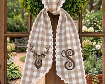 Personalized Stag Wreath Sash, Tan Gingham Door Bow, Woodland Deer Embroidery, Rustic Cabin Decor