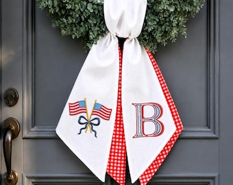 Custom Initial Door Bow, Patriotic Front Porch Decor, American Flag Door Hanger, Fourth of July Farmhouse Decoration