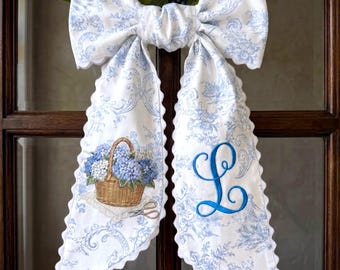Personalized Blue Toile Bow Door Hanger Hydrangea Monogram Elegant Front Door Decor Gift