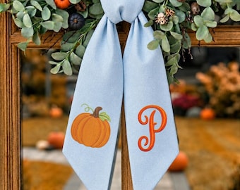 Blue Pumpkin Wedding Chair Sashes, Personalized Fall Chair Decor, Embroidered Monogram Chair Bows