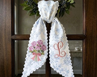 Personalized Pink Hydrangea Bow Door Hanger Blue Toile Monogram Elegant Wedding Front Door Decor Gift