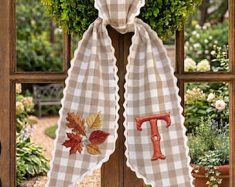 Embroidered Autumn Leaves Monogram Sash, Gingham Door Decor, Personalized Housewarming Gift