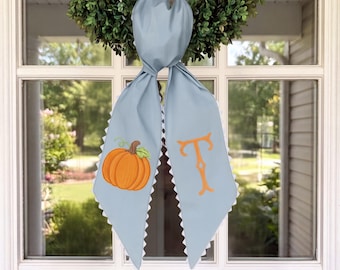 Embroidered Pumpkin Wreath Sash, Monogram Fall Door Decor (5"x50")
