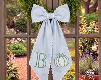 Personalized Blue Wreath Sash, Embroidered Pumpkin Monogram Door Decor, Scalloped Edge Autumn Bow