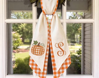 Embroidered Pumpkin Gingham Wreath Sash – Monogrammed Fall Porch Decor