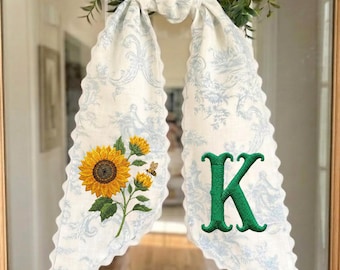 Personalized Sunflower Embroidered Door Sash, Custom Monogram Wreath Bow, Rustic Cotton Front Door Decor