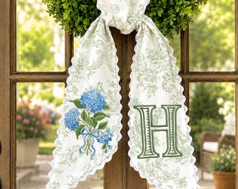 Personalized Green Toile Wreath Sash with Blue Hydrangea Embroidery, Spring Front Door Decor