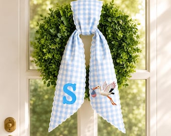 Patriotic Wreath Sash for Front Door, Personalized Monogram Door Bow, Blue Gingham Summer Wreath Ribbon, Fourth of July Decor