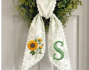 Personalized Sunflower Embroidered Door Sash, Custom Monogram Wreath Bow, Rustic Cotton Front Door Decor