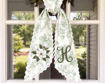 Personalized Floral Toile Sash, Custom Initial Magnolia Wreath Bow, Elegant Green Patterned Door Hanger