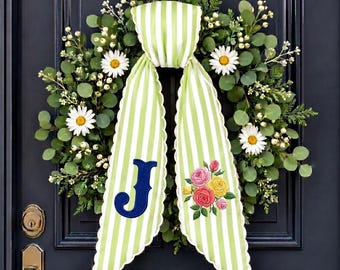 Personalized Wreath Sash, Embroidered Monogram Bow, Green Stripe Floral Door Decor, Custom Initial Easter Bow