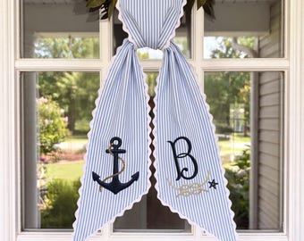 Embroidered Nautical Wreath Sash – Blue Stripe Anchor, Crab, Boat Coastal Door Decor
