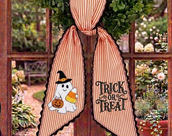 Embroidered Halloween Wreath Sash – Ghost, Candy Corn, Trick or Treat Fabric Decoration