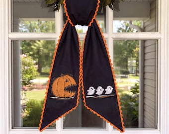 Embroidered Halloween Sash – Scary Pumpkin & Ghosts, Orange Scalloped Trim