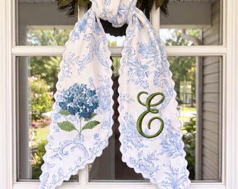 Embroidered Hydrangea Toile Sash – Custom Monogram Porch Decor, Scalloped Lace Edge