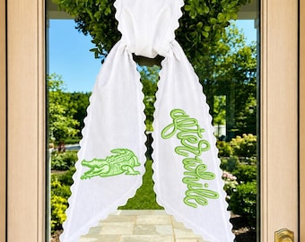 Embroidered Alligator Wreath Bow, Personalized Front Door Sash, Preppy Green Stripe Decor, Custom Summer Door Accent