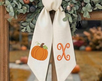Personalized Pumpkin Door Bow, Fall Wreath Decor, Monogram Porch Ribbon