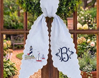 Custom Monogram Wreath Sash, Coastal Nautical Lighthouse & Sailboat Embroidery, Light Blue Striped Door Decor with Scalloped Edge